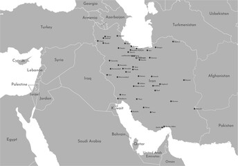 Vector illustration. Simplified administrative map of Iran with capital, big cities and town with nuclear objects. Border of neighboring countries, include Israel, Iraq, Saudi Arabia. Grey shape.