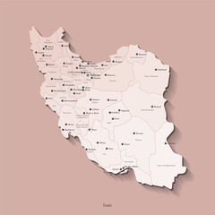 Vector isolated illustration of simplified administrative map of Iran. Borders and names of the provinces, regions, big cities and towns with nuclear objects. Beige silhouettes. Brown background