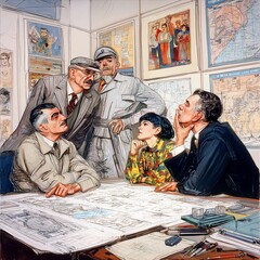 : Soviet engineers gather around a drafting table in an innovation lab in the 1970s. The scene includes blueprints and slide rules. The composition resembles an old magazine cover illustration, convey