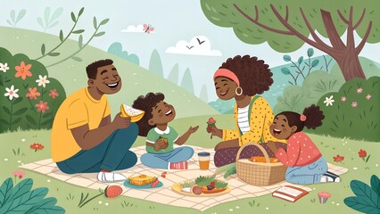 Happy black family enjoying a sunny picnic in the park