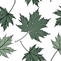 Seamless pattern of green maple leaves with black veins on a white background, scattered and overlapping, nature-inspired design