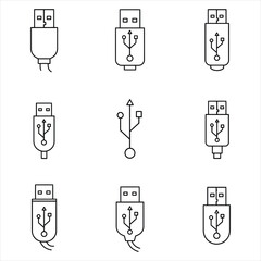 Nine Black Line Drawings of U S B Connectors Various Styles and Orientations cable technology Vector Illustration for Design, Business, and Stock Platforms