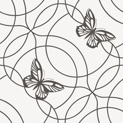 Seamless pattern with abstract floral shapes, black lines forming stylized flowers and leaves, light beige background, minimalist design, modern aesthetic