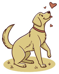 A golden retriever with a red collar sitting on the grass looking up with its tongue out, surrounded by hearts on a white background