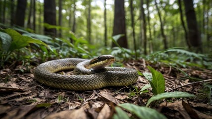 Fototapeta premium A snake coiled on forest floor