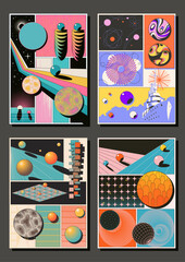 Abstract Geometric Posters 3D Effect Shapes, Perspectives and Dimensions. 1980s Colors Combinations