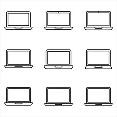 Nine simple black line art laptop computer icons on white background various sizes vector Vector Illustration for Design, Business, and Stock Platforms