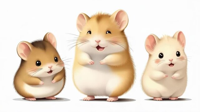 Three hamsters stand in a row, dance and smile. The scene is cute and carefree, the hamsters look happy and playful