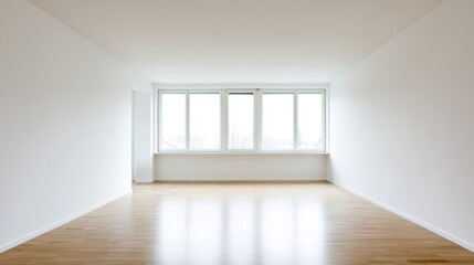 Minimalist bright white room with large five-pane windows, natural light, polished wooden floor, serene uncluttered atmosphere, and blurred outdoor view.
