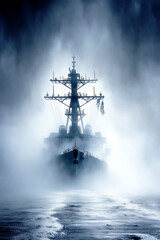 An American naval warship emerging from thick fog on a stormy sea.