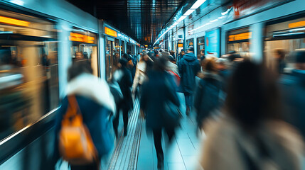 Crowded Subway Platform with Passengers and Moving Train