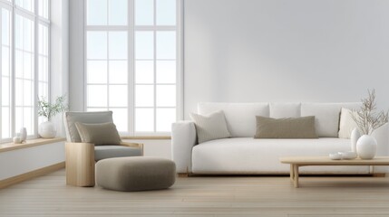 Serene minimalist living room with natural light, light gray walls, three-seater sofa, modern armchair, wooden coffee table, white decorative items, and vases with green branches.