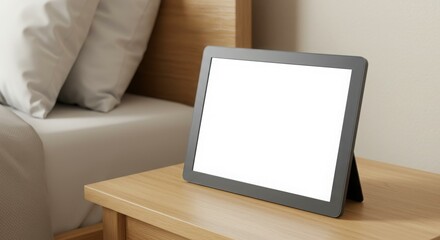Fototapeta premium A blank picture frame sits on a wooden nightstand next to a bed with white pillows.