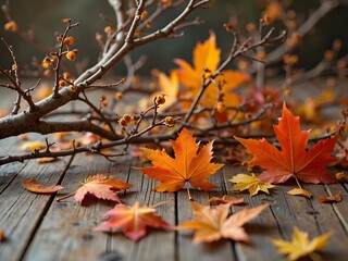 Flatlay of Autumn Branches with Fallen Leaves: Flatlay featuring dry brown branches with orange, red, and yellow leaves scattered around on a wooden table for a warm autumn feel.