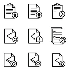 Nine Black Line Icons Document File Upload Download Process Symbols Clipboard Checklist Arrows Checkmark Plus Sign Warning Vector Illustration for Design, Business, and Stock Platforms