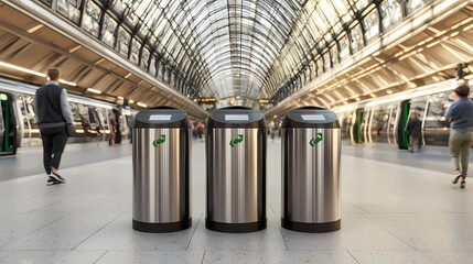 A modern train station with three stainless steel recycling bins in the foreground and commuters walking near two trains on either side.