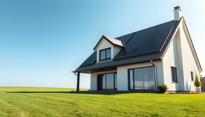 Obraz premium Modern white house with solar panels on the roof, set in a green lawn under a clear blue sky.