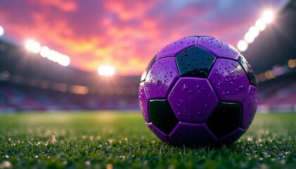 Fototapeta premium Purple soccer ball rests on wet grass under vibrant sunset in a stadium during a match