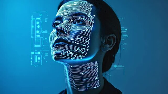 Artistic projection on a model's face showcases innovative technology in a creative studio setting
