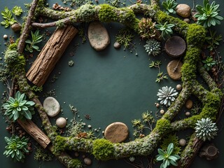 Flatlay with Mossy Branches and Forest Floor Elements: Flatlay of moss-covered branches, pebbles, bark pieces, and lichen set on a dark green background for a mystical forest floor effect.
