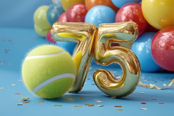 Goldene 75 mit Tennisball und Luftballons vor blauem Hintergrund