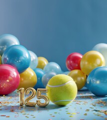 Goldene 125 neben Tennisball, Luftballons im Hintergrund
