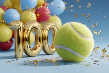Goldene 100 neben Tennisball mit Luftballons und Konfetti