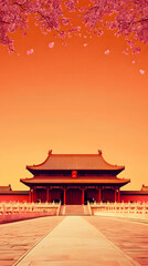 Obraz premium Traditional Chinese Temple with Cherry Blossoms Under a Warm Orange Sky