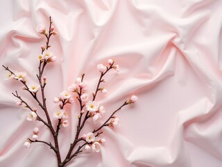 Flatlay of Spring Branches with Budding Blossoms: Flatlay showing delicate branches with early spring blossoms such as cherry or plum buds, styled on soft pastel fabric for a fresh seasonal vibe.