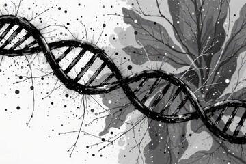 monochrome ink style dna strand with hand drawn texture, minimalist scientific concept