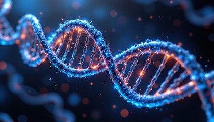 three dna helices interwoven into one structure, glowing with blue aura, floating in 3d space