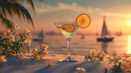 Tropical beach sunset with detailed cocktail glass, orange slices, flower accents, distant sailboats, and cinematic shadows over sand.