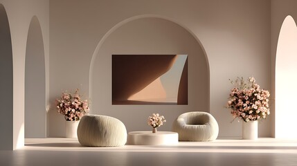 Ultra HD view of a minimalist interior with modern furniture shapes, abstract canvas, and a delicate floral vase arrangement.