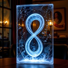 double helix carved into frosted glass, lit from behind with cool tones
