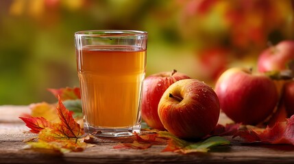 Warm-toned image of apple cider in a clear glass, fresh apples and colorful fall leaves on a wooden table, with soft background focus.