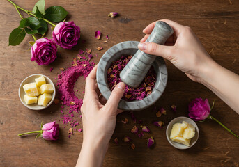 Hands Grinding Rose Petals in a Mortar and Pestle with Beeswax and Essential Oils Against a Rustic Wooden Background