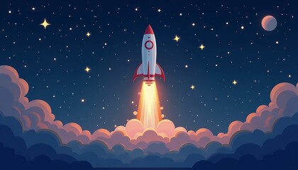 Rocket launching from clouds into starry night