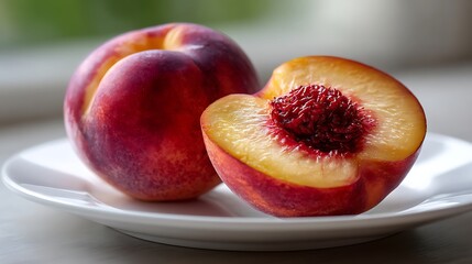 Fresh Peaches on a Plate: Whole and Halved