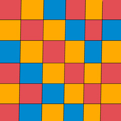 Seamless checkered pattern. Consists of 3 colors red, orange and blue. Attractive poster. Trendy background for designs and cards, posters, covers, packages, wrapping paper.