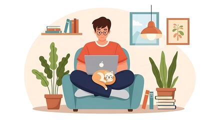 Work From Home Comfort Man Relaxing with Laptop and Cat