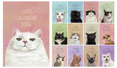 2025 Annual Calendar animals. Set of 12 month illustration. Hand Drawn Cat meme.