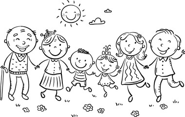 Cute cartoon family jumping together. Outline illustration