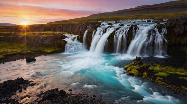 Scenic waterfall at sunrise