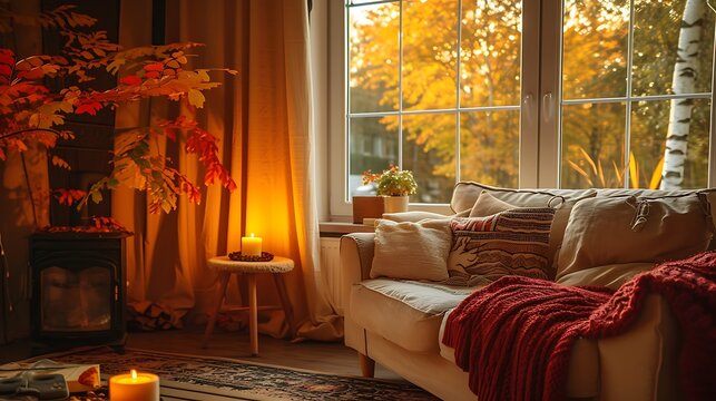 Cozy autumnal living room scene by the window.