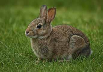 Adorable Rabbit Sitting on a Lush Green Lawn Against a Blurred Background
