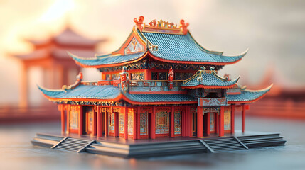 Obraz premium Miniature Model of a Traditional Chinese Temple with Intricate Architectural Details
