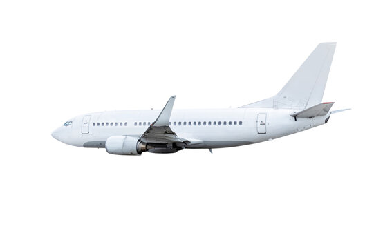 Fototapeta White passenger plane flying isolated