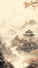 Traditional Asian Temple Nestled Among Misty Mountains and Cherry Blossoms