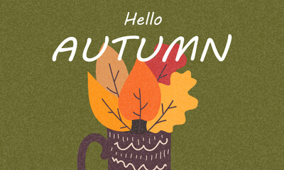 Hello autumn banner, cover, postcard or horizontal poster with colorful autumn leaves. Fall season hand drawn template for sale, holiday decoration