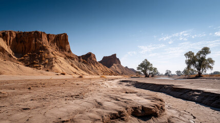 A once-thriving oasis now dry and barren. Water crisis and water shortage in summer during long drought is a global problem of drought on the planet.